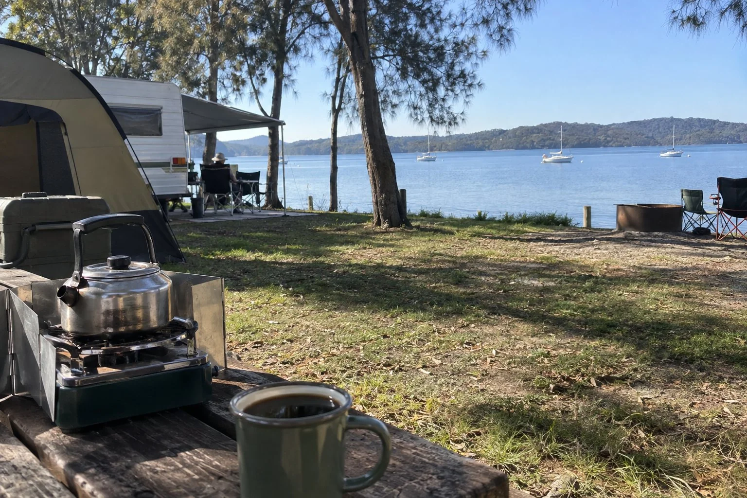 Morning coffee at a campsite on Lake Macquarie