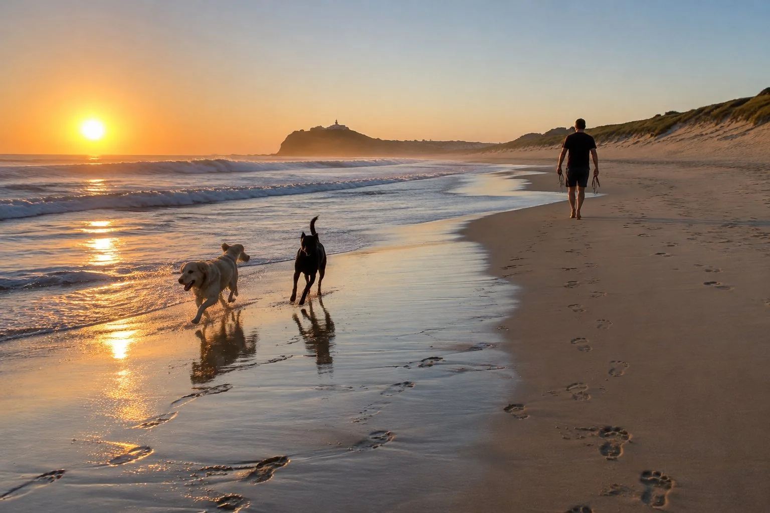 Two dogs playing on a surf beach at sunrise