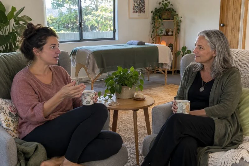 A practitioner and a client chatting over a cup of tea before a session