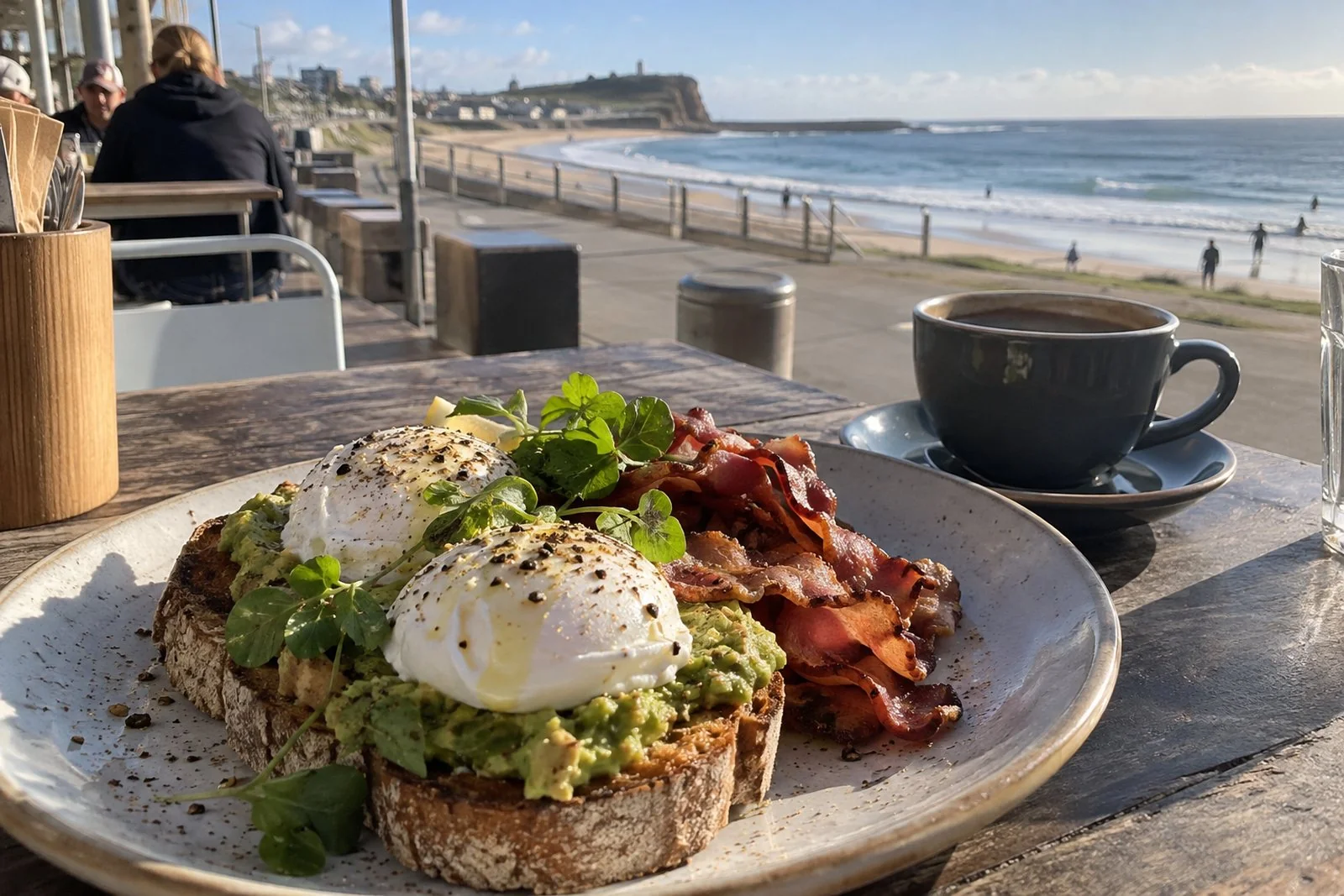 Poached eggs on sourdough with avocado and bacon at a cafe table looking over the beach