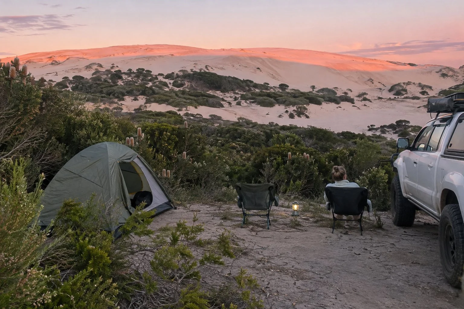 A tent and camp chairs below big sand dunes at dusk