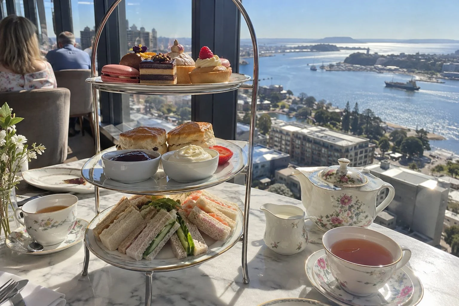 A three-tier high tea stand by a window above the harbour