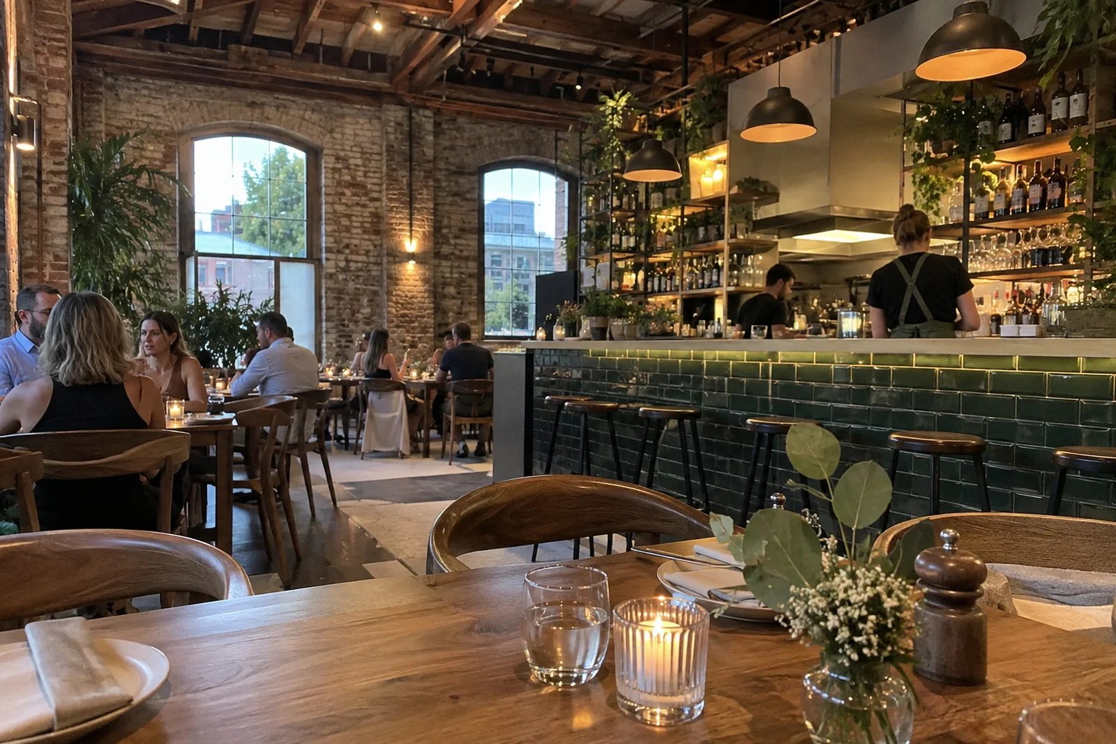 A newly opened restaurant in a converted brick warehouse, filling up in the early evening