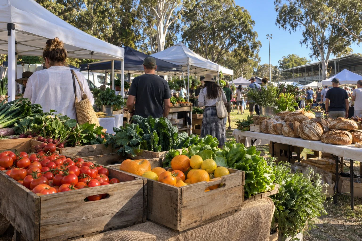 Fruit, vegetables and bread on stalls at a farmers market