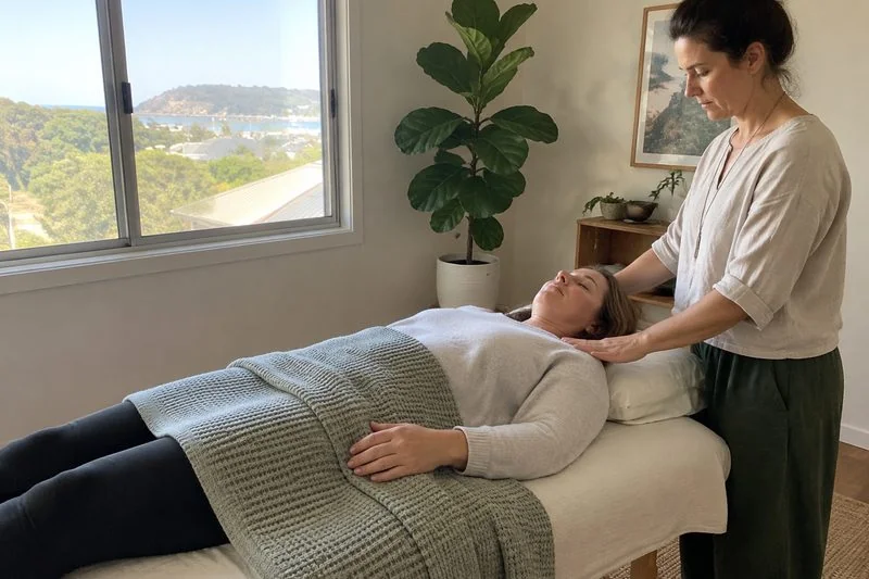 A practitioner resting her hands lightly on a client's shoulders during a reiki session in a sunny room