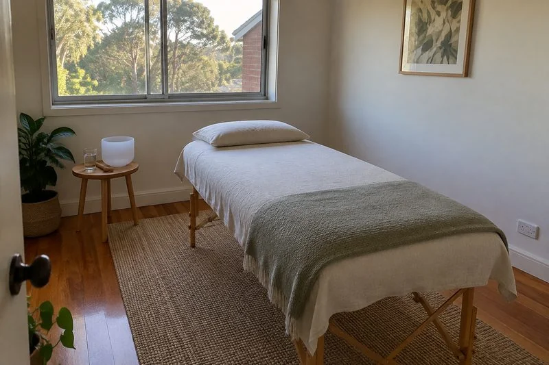 A quiet home treatment room with a padded table, a folded blanket and a crystal bowl by the window