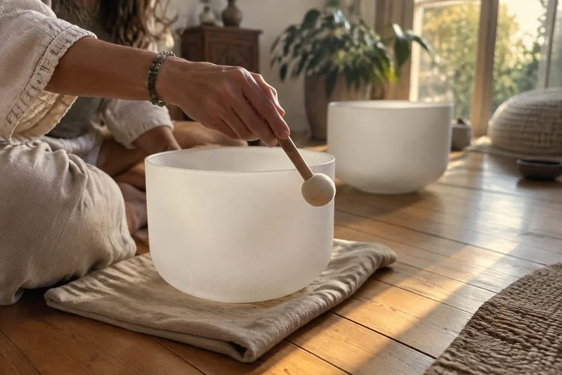 A hand circling a wooden mallet around a frosted crystal singing bowl on timber floorboards