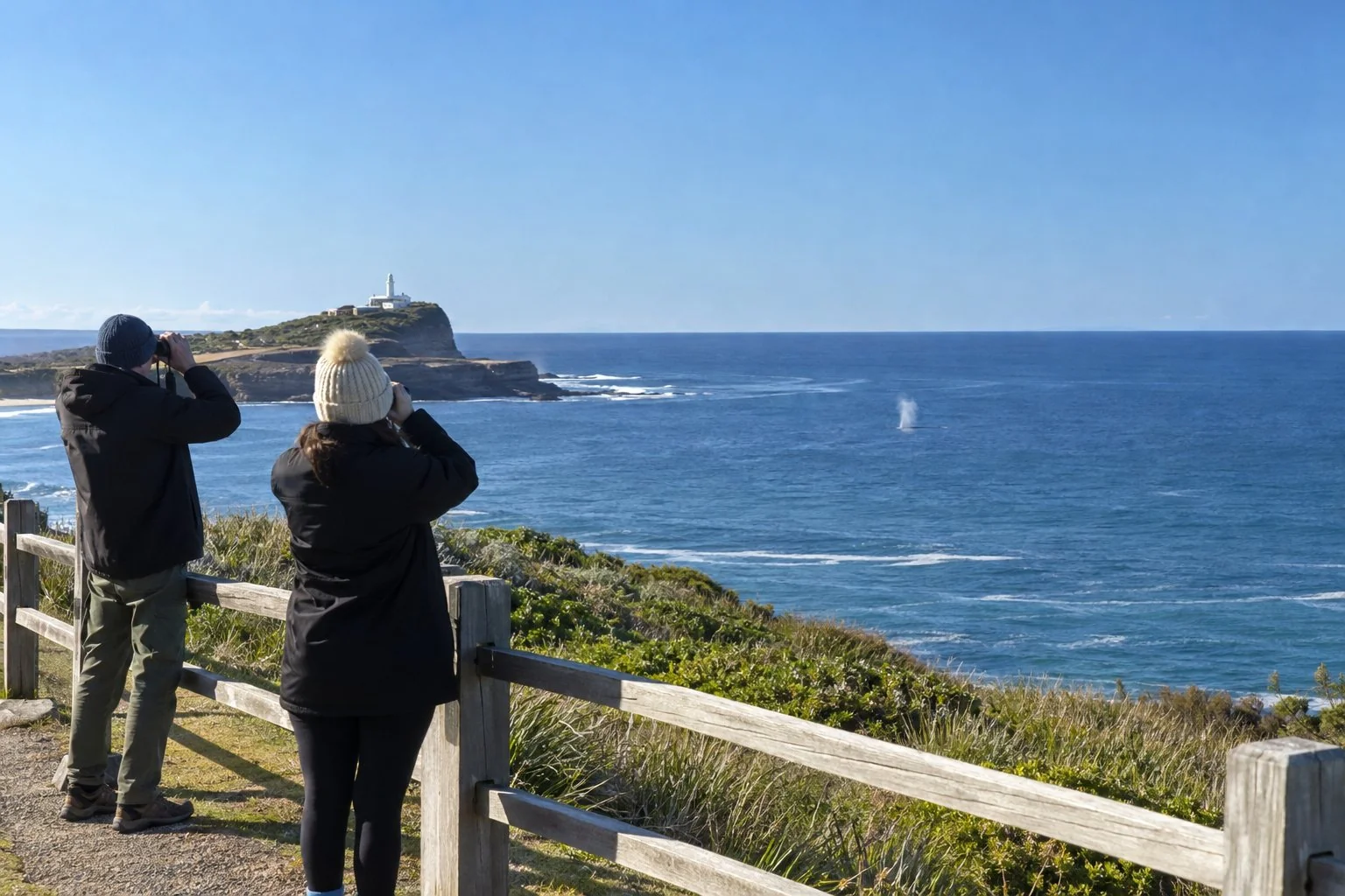 People with binoculars at a headland lookout
