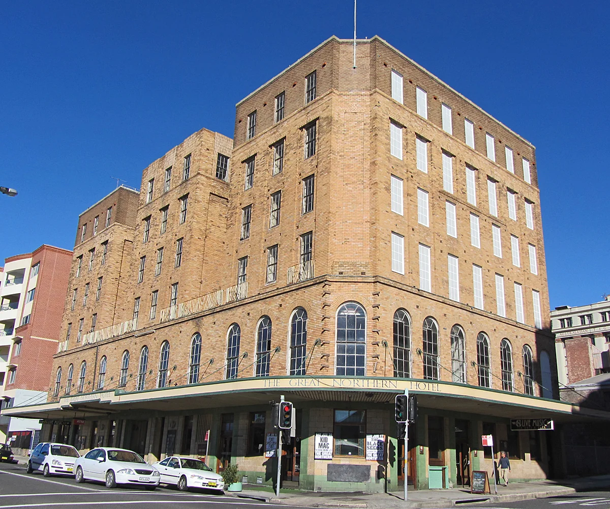 The Great Northern Hotel, an art deco pub on the corner of Scott Street, Newcastle