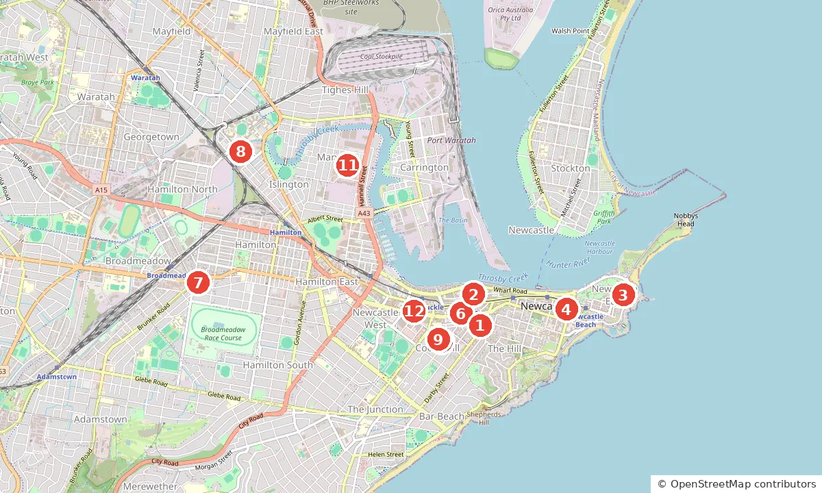 Street map of Art galleries and museums in Newcastle: 12 worth visiting, with each numbered pick marked