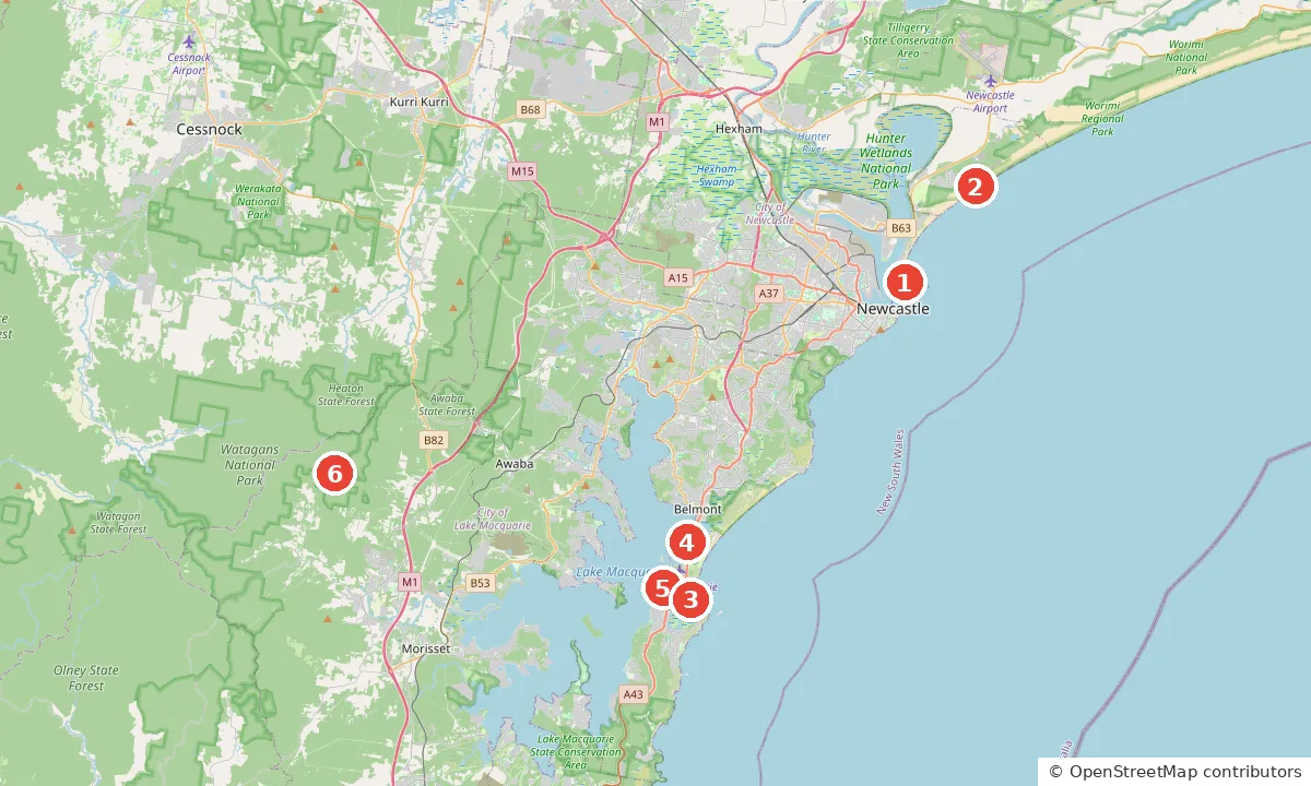 Street map of Camping near Newcastle: 6 places to pitch a tent, with each numbered pick marked