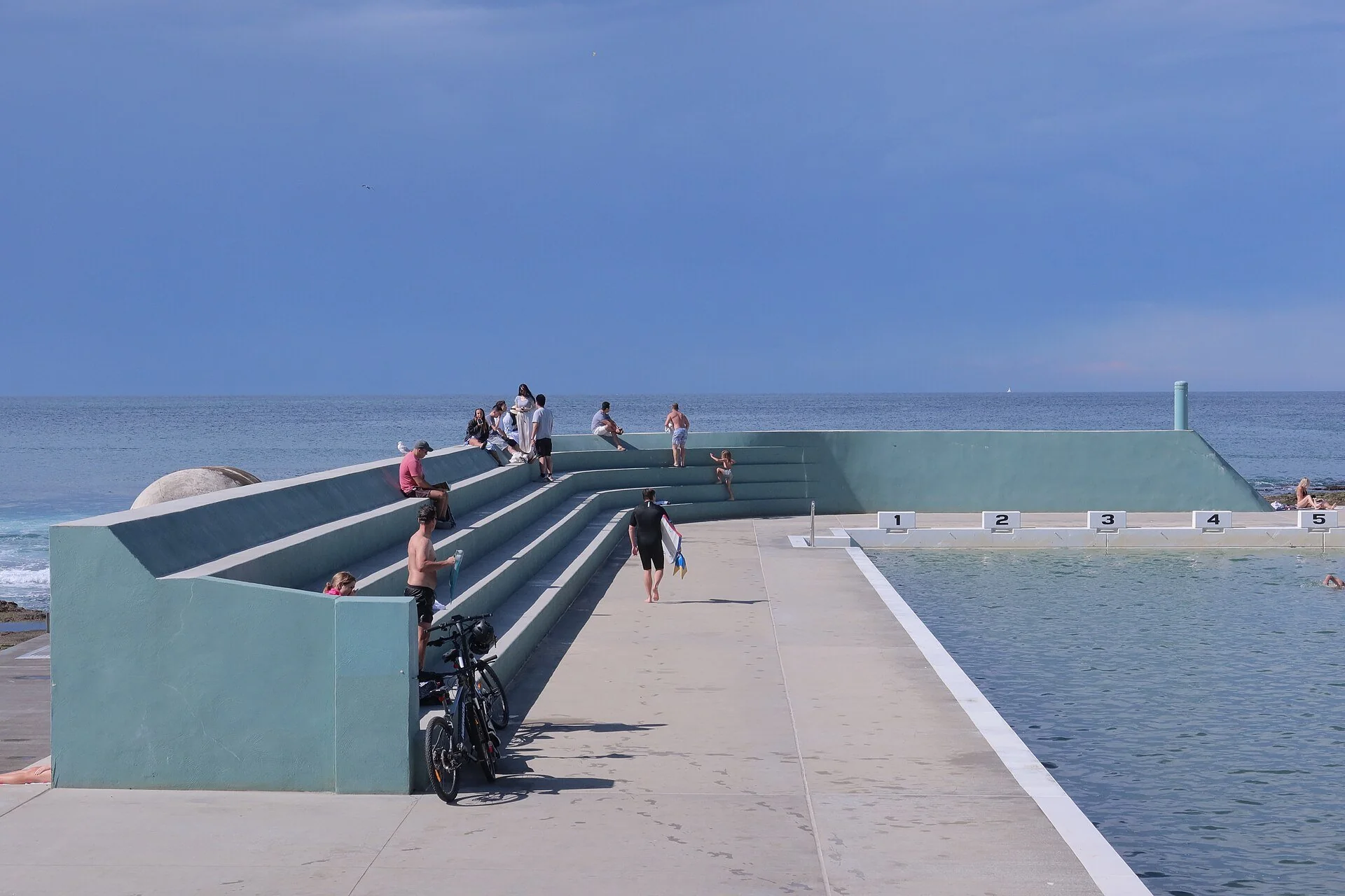 The aqua bleachers and numbered starter blocks at Newcastle Ocean Baths